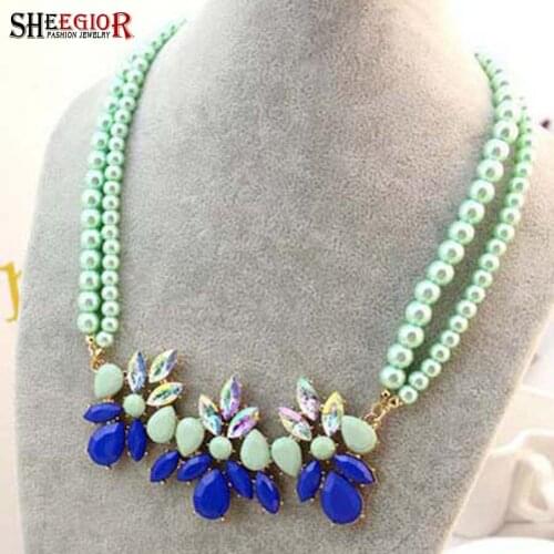 SHEEGIOR Bohemian Lovely Chokers Necklace Women Green Pearl Chain Collar Necklace Flower Pendants Necklaces Fashion Jewelry Gift