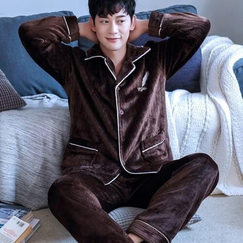 H5893 Men Pajamas Set Plus Size Thick Coral Velvet Sleepwear Suit Autumn Winter Leisure Long Sleeve Warm Luxury Male Nightgown