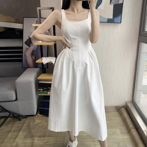 Summer French White Slim Women Off Shoulder Camisole Midi Dress Female Fashion New Sexy Dress Ladies Brand Elegant Dresses ML147