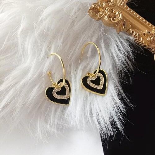 2021 New Design Black Heart Round Dangle Earrings for Women Rhinestone Crystal Statement Enamel Earings Fashion Jewelry