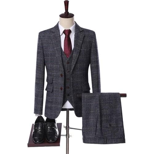 Wool Grey Classic Tweed Plaid Custom Made Men Suit Blazers Retro Gentleman Style Groom Tuxedos Wedding Suits For Men 3 Piece