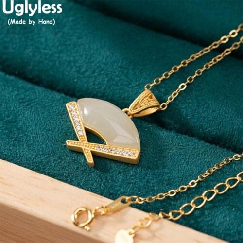 Uglyless China Chic Fan Pendants for Women Jade Agate Gemstones Necklaces + Chains 925 Silver Crystals Fashion Dress Jewelry