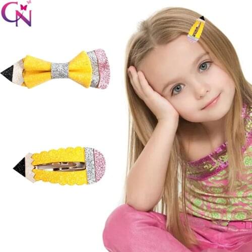 CN Cute Pencil Hair Clips Back to school Shining Hair Bow Hearwear Hairclips for Girls Metal Barrettes Bow Hair Accessories