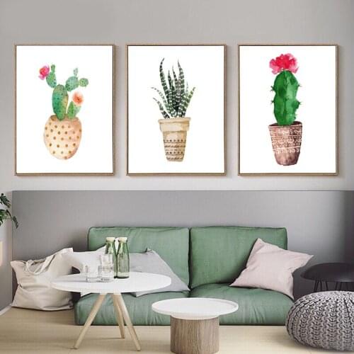 Nordic Watercolor Succulent Green Plants Canvas Art Print Poster, Cactus set Wall Paintings For Living Room Modern Home Decor