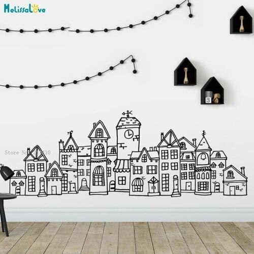 Scandinavian Style Cute Village Wall Decal Hand Drawn Town Decal City Nordic Nursery Decor Removable Murals Vinyl YT4354
