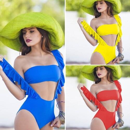 Solid Ruffled One Piece Swimwear Women Bandeau Top Swimsuit Blue High Waist Swimsuit Ruffled Monokini High Waisted Swimwear