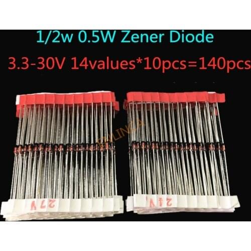 1/2w 0.5W Zener Diode 3.3-30V 14values*10pcs=140pcs Assorted Assortment Set New electronic diy kit