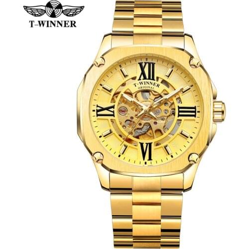 T-Winner Mens Mechanical Watches Style Automatic Analog Skeleton Roman Luxury Dial Wristwatch with Stainless Steel Bracelet