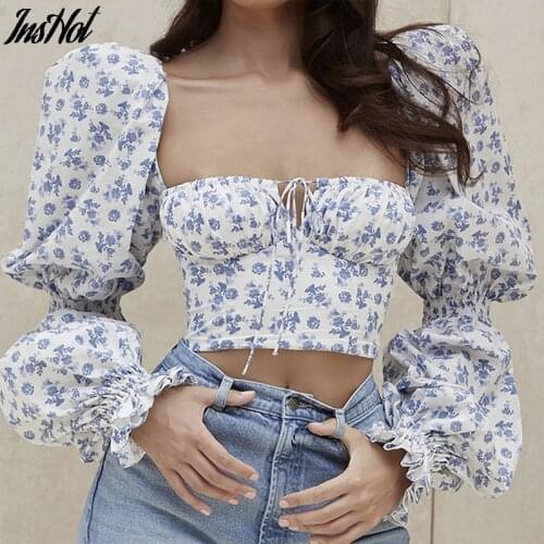 Floral Top Women White Sweet Square Neck Long Puff Sleeve Ruched Drawstring Crop Top Summer Woman Party Blouse 2021 New