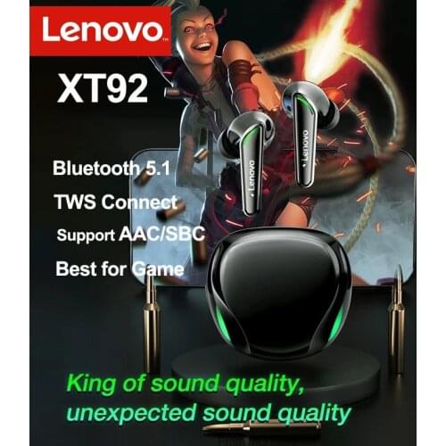 Lenovo XT92 TWS Headphone Low Latency Professional Bluetooth Gaming Saviour Earphone With Dual Mic 9D Stereo HiFi Snake Headset