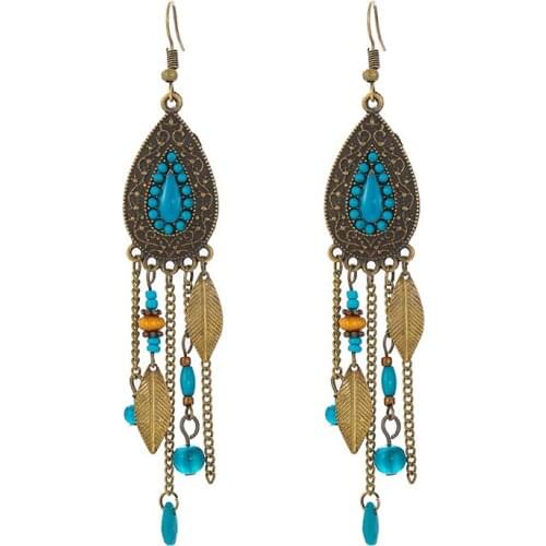 Bohemian Retro Ethnic Rice Beads Feather Tassel Earrings For Women Indian Jewelry Turkish Gypsy Water Drop Long Alloy Earrings