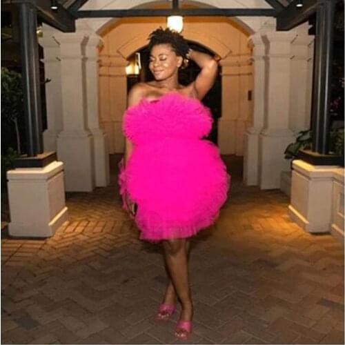 High Fashion Fuchsia Short Tulle Dresses For Women To Birthday Party Off The Shoulder Mini Mesh Tulle Dress Summer