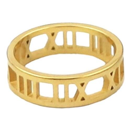 Yellow Gold Tone Titanium Steel 5.5mm Width Hollow Out Roman Numeral Wedding Ring for Women