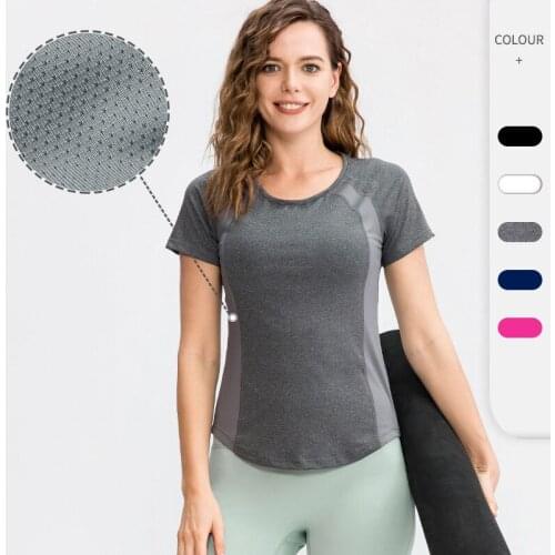 Womens tight-fitting yoga short-sleeved round neck sports T-shirt with mesh, breathable, high-stretch and quick-drying running