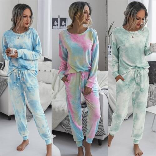 Casual Pajamas 2 Piece Sets Women Autumn Tie Dye Print O Neck Long Sleeve Tops+Loose Elastic Waist Pencil Pants Femme Tracksuits