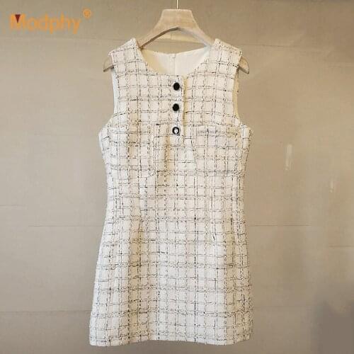 Spring Autumn Women Tweed Dress Fashion Sleeveless Buttons O-Neck Plaid Classic Elegant Casual Empire Short Dresses 2021