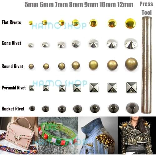 100pcs/lot Free Shipping Metal Fashion All Size Shape Rivet Spike Studs Nail Leather Clothing Decoration Craft DIY With Tool