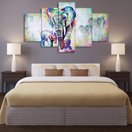 5 Panels Colored Elephants Posters Hd Printed Painting Canvas Art Living Room Decoration Colored Drawing Wall Art Pictures