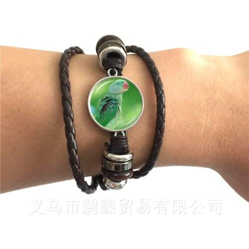 Beautiful Bird Pattern Bracelet Vintage Round Glass Bird Glass Dome Black/Brown 2 Color Leather Cords Adjustbale Bangle Gift