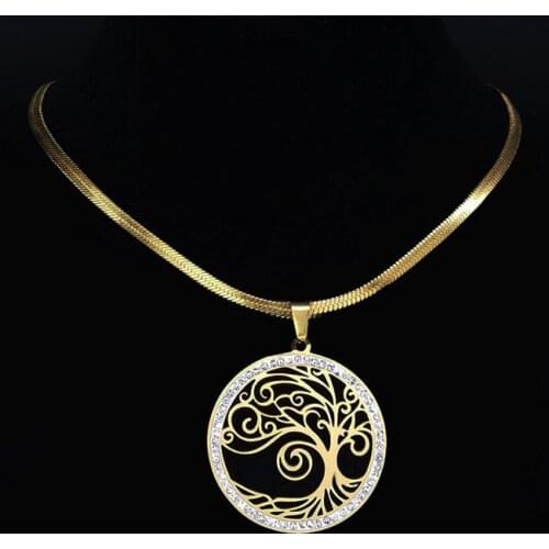 Fashion Tree of Life Crystal Stainless Steel Neckless Chain Women Gold Color Choker Necklaces Jewelry colier femme NXS02