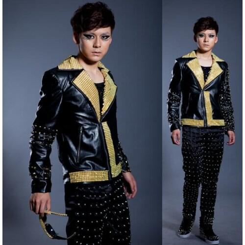 Black Oblique zipper gold Rivets fashion Motorcycles leather jacket men Singer 1 mens leather jackets and coats Customizable