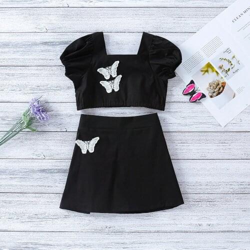 Kids Girls Short Sleeves + Skirt Square Collar Butterfly Embroidery Decoration Summer Clothing Stylish And Unique Design