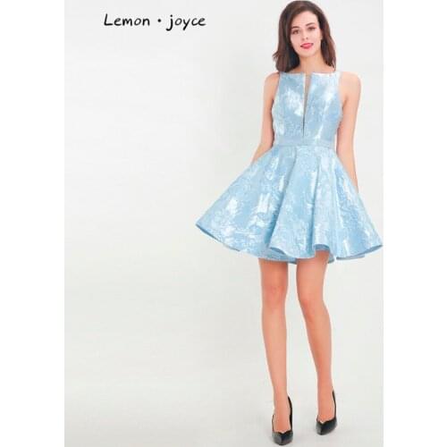 Lemon joyce Blue Prom Dresses 2020 Scoop Neck Sleeveless Backless Floral Print Simple Party Gowns for Girls Plus Size