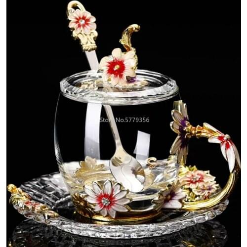 Hand-made Enamel Flower Glass Cup Coffee Mug Scented Tea Mug Milk Lemon Juice Cup Glass Lover Gift Couple Mug Drop ship