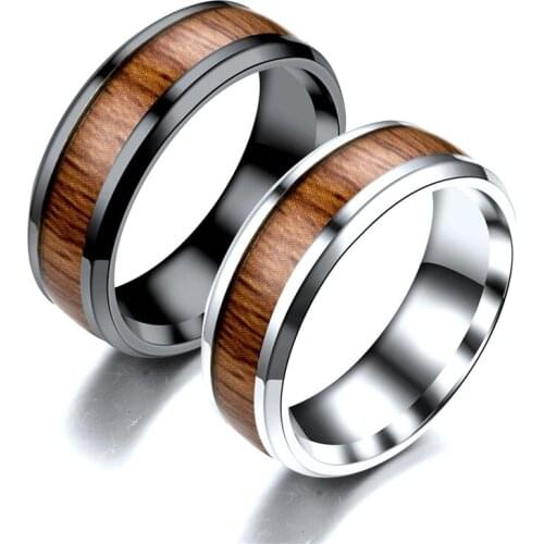 2019 8MM Width Titanium Steel Ring Retro Jewelry Mens Ring Wedding Band Party Anniversary Gift Stainless Steel Wood Grain Ring