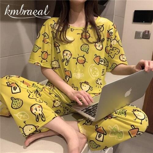 Summer Pajamas Set Women Girls Short Sleeve Trousers Cartoon Print Loose Casual Sleepwear T-Shirts and Shorts Pjs Homewear New