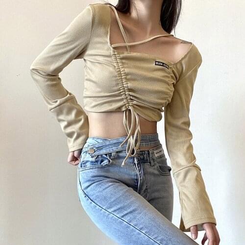 Summer Womens Casual long-sleeved T-Shirt Top Woman Summer Drawstring off-Shoulder Top Crop Top Mujer Camisetas harajuku shirt