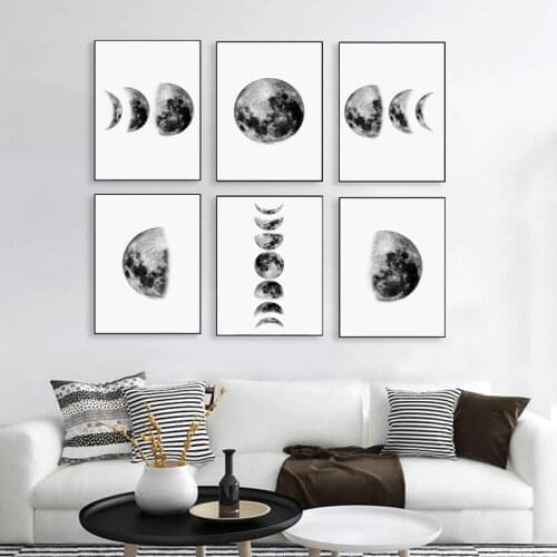 Moon Phases Wall Art Canvas Modern Black and White Posters and Prints Nordic Wall Pictures for Living Room Bedroom Painting