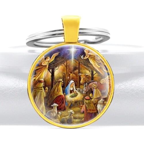 Retro Young Jesus Design Glass Cabochon Metal Pendant Key Chain Charm Men Women Key Ring Jewelry Gifts Keychains