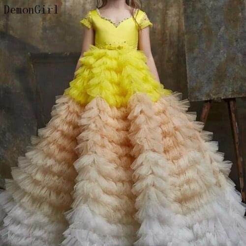 Luxury Puffy Flower Girl Dresses for Wedding Tiered Tulle Ruffles First Communion Dress Children Pageant Gown Prom Costumes