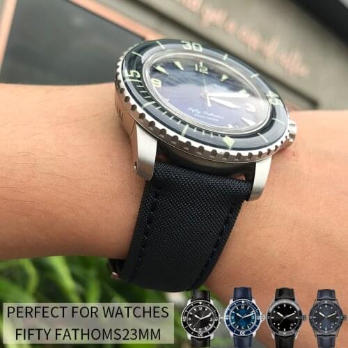 23mm High Quality Surface Nylon Bottom Cowhide Watch Strap Folding Buckle Watchband Fit for Blancpain Fifty Fathoms Watch