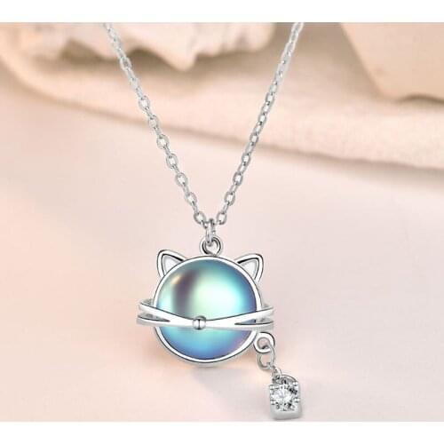S925 Sterling Silver Cat Moonstone Necklace Female Ins Mori Temperament Meow Planet Clavicle Necklace