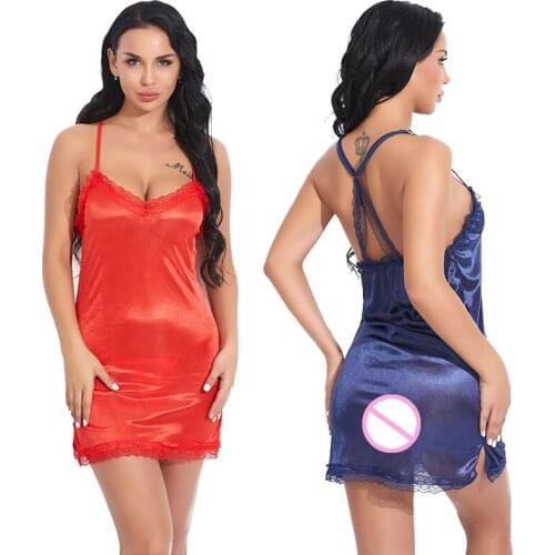 2020 Hot Sexy Nightdress Deep V Lace Sleepwear Women Lingerie Silk Satin nightie Nightgown Sleeveless Sling Nightwear Home Dress