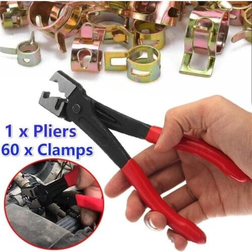 Clamp Pliers with 60Pcs Hose Clamps Cable Type Auto Hose Clamp Plier Set Flexible Wire Pliers Tube Bundle Removal Repair Tool