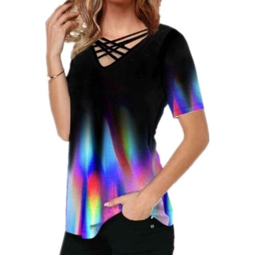 Women Color Short Sleeve Tee 3D T-Shirts Lady Gradient Print V-Neck Bandage T-shirt Top For Streetwear T-Shirts 2021 Clothing