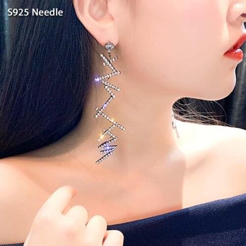 Real 925 Sterling Silver Needle Long Dangle Earrings for Women Jewelry Rhinestone Statement Drop Tassel Earrings