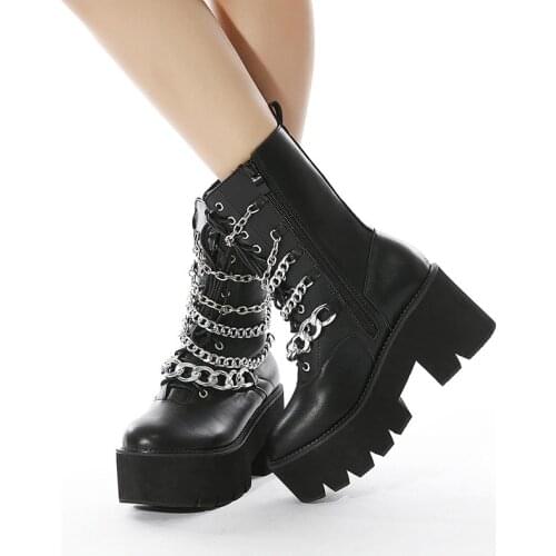 Womens Platform Punk Ankle Boots Big Size 42 Woman Lace Up Pumps Ladies Chain High Heels Women Waterproof Shoes Female Footwear