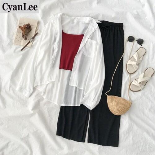 Cyanlee 2020 Summer New 3 Pieces Women Sets Chiffon White Shirts And Vest And Wide Leg Black Pants Lady Elegant Pants Suits