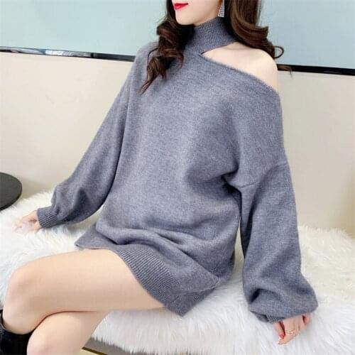Thick Sweater For Dress Women 2021 New Arrivals Korean Style Halter Neck Off Shoulder Lantern Sleeve Medium Long Loose pullover