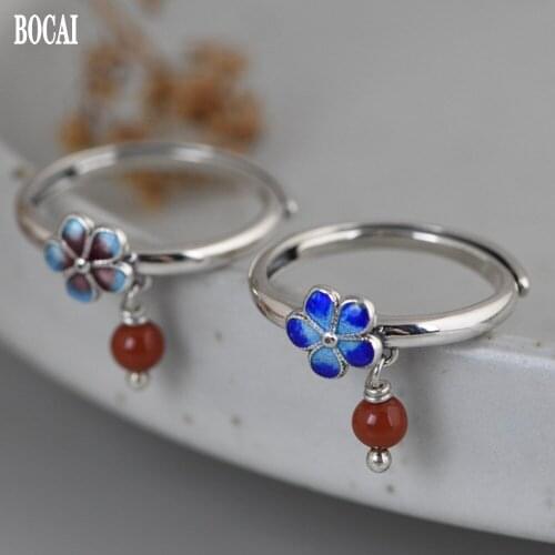 BOCAI new solid S925 pure silver simple cloisonne small flower female ring enamel art woman silver ring