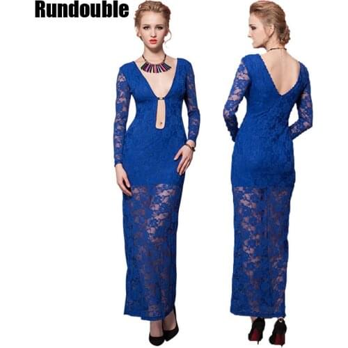 Temperament Deep V Neck Long Sleeve Lace Dress Fashion Women Popular Summer Autumn Sexy Hollow Back Party Club Dress Costume