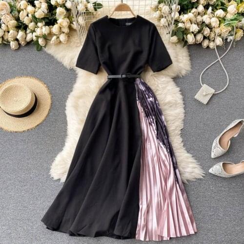 Womens Spring Summer Runway Fashion Short Sleeve Contrast Color Pleated Dress Female Travel Chic Party Dress TB1790