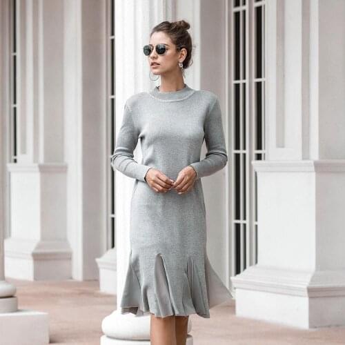 Net Yarn Patchwork Dress Women Loose Knit Dress Long-sleeved O-neck Loose Knitted Dress Elegant A-line Mid-length Dress Autumn