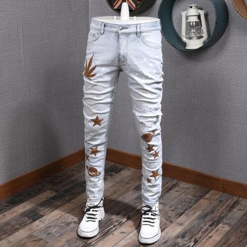 American Streetwear Fashion Men Jeans Light Blue Elastic Slim Fit Ripped Denim Punk Pants Embroidery Designer Hip Hop Trousers