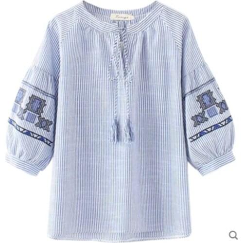 Blusas Blue Stripe Women Tops 2020 Summer Plus Size Stripe Embroidery Tassel Clothing Shirt Femme Pullover Shirts Blouses XXXXXL