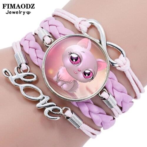 FIMAODZ Pink Infinity Love Cat Bracelet Cartoon Kawaii Kitty Animal Glass Photo Handmade Wrap Leather Bracelets For Women Girl